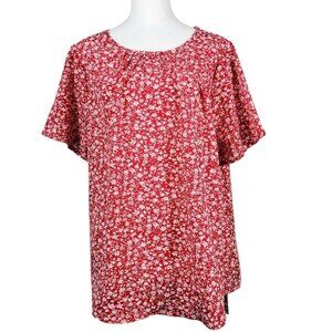 Womens Vibrant Red Floral Print Blouse Plus 1X 2X Short Sleeve Gathered Neckline